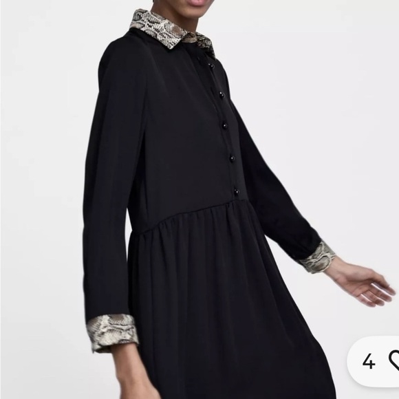 ZARA Black Button-Up Dress with Patterned Collar - Picture 3 of 10